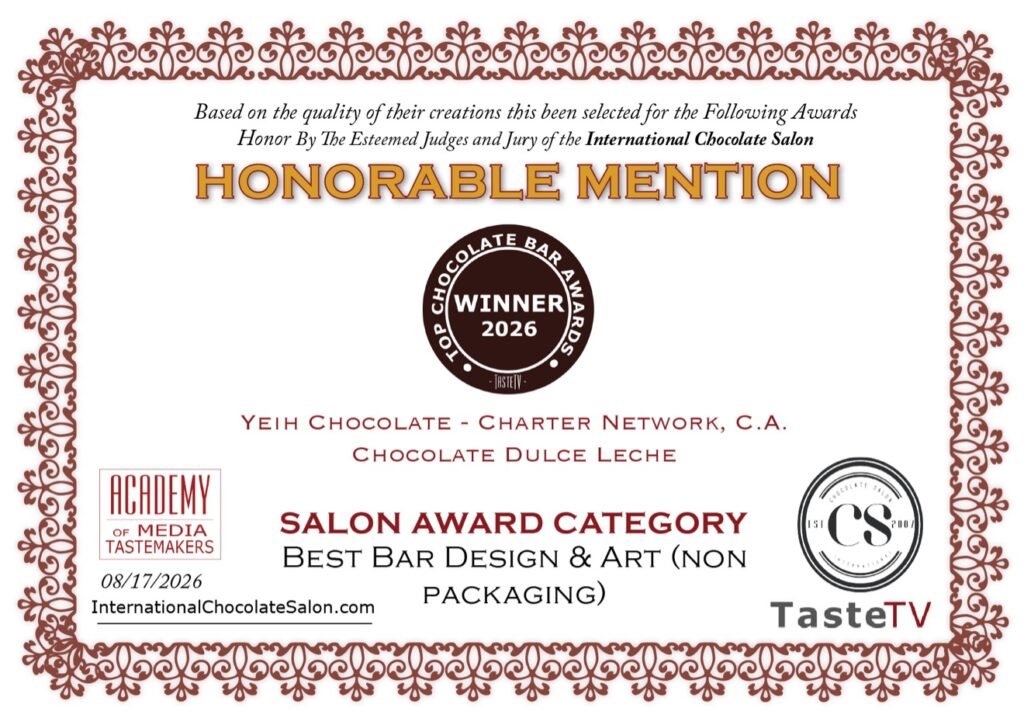 Certificado de Mención Honorífica del International Chocolate Salon 2026 para el Chocolate Dulce Leche de YEiH Chocolate