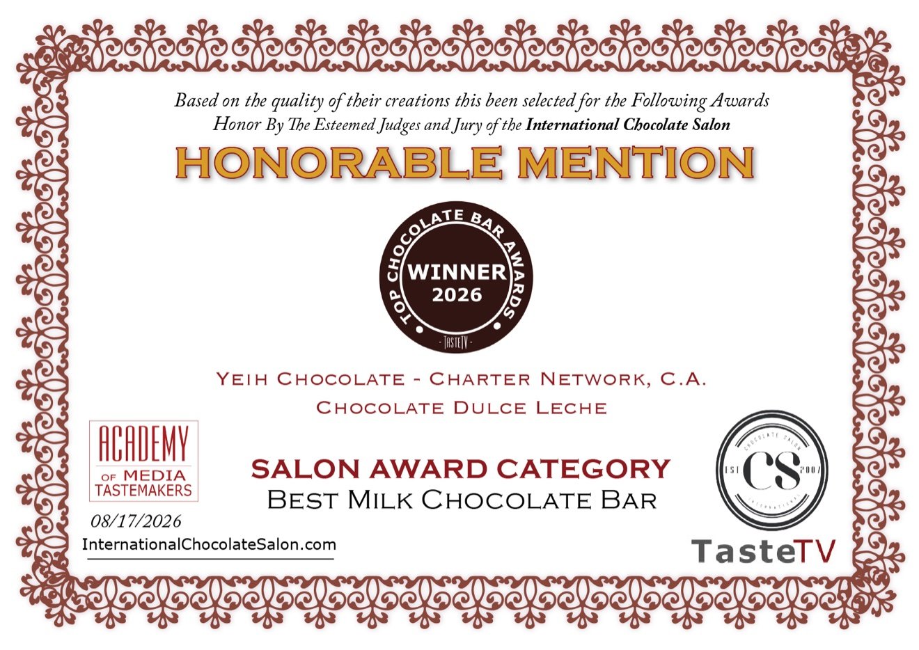 Chocolate Dulce Leche petit - Mención Honorífica International Chocolate Salon 2026